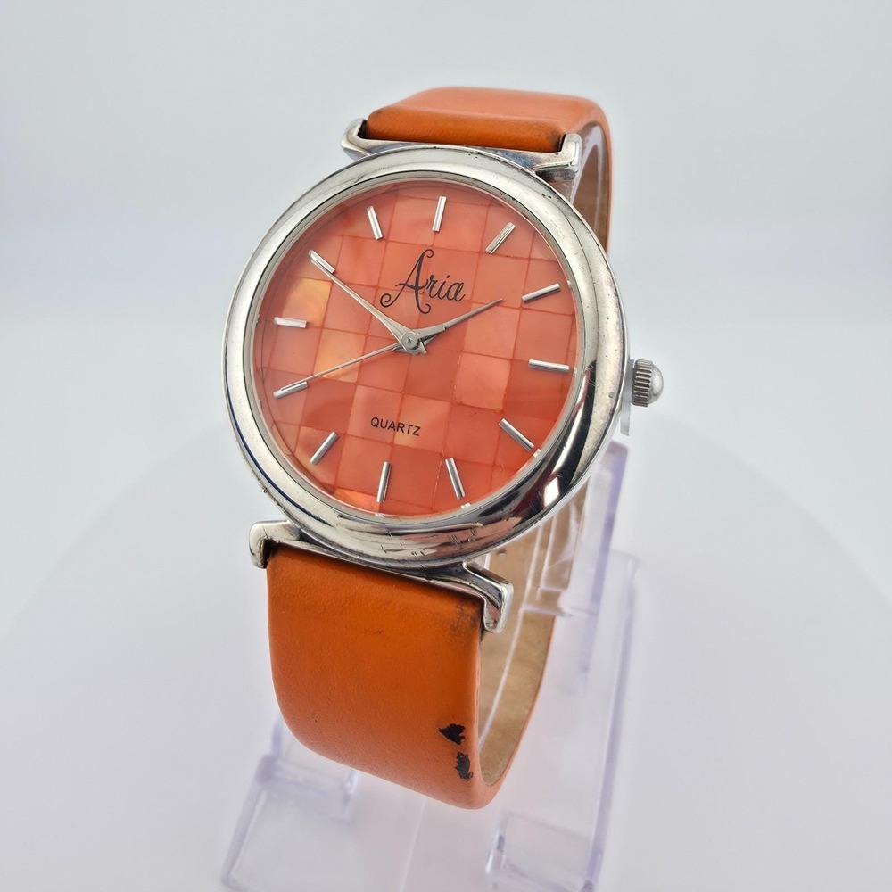 ARIA Ladies Watch 925 Sterling Silver Mother Of Pearl Dial Orange Leather 7.75"